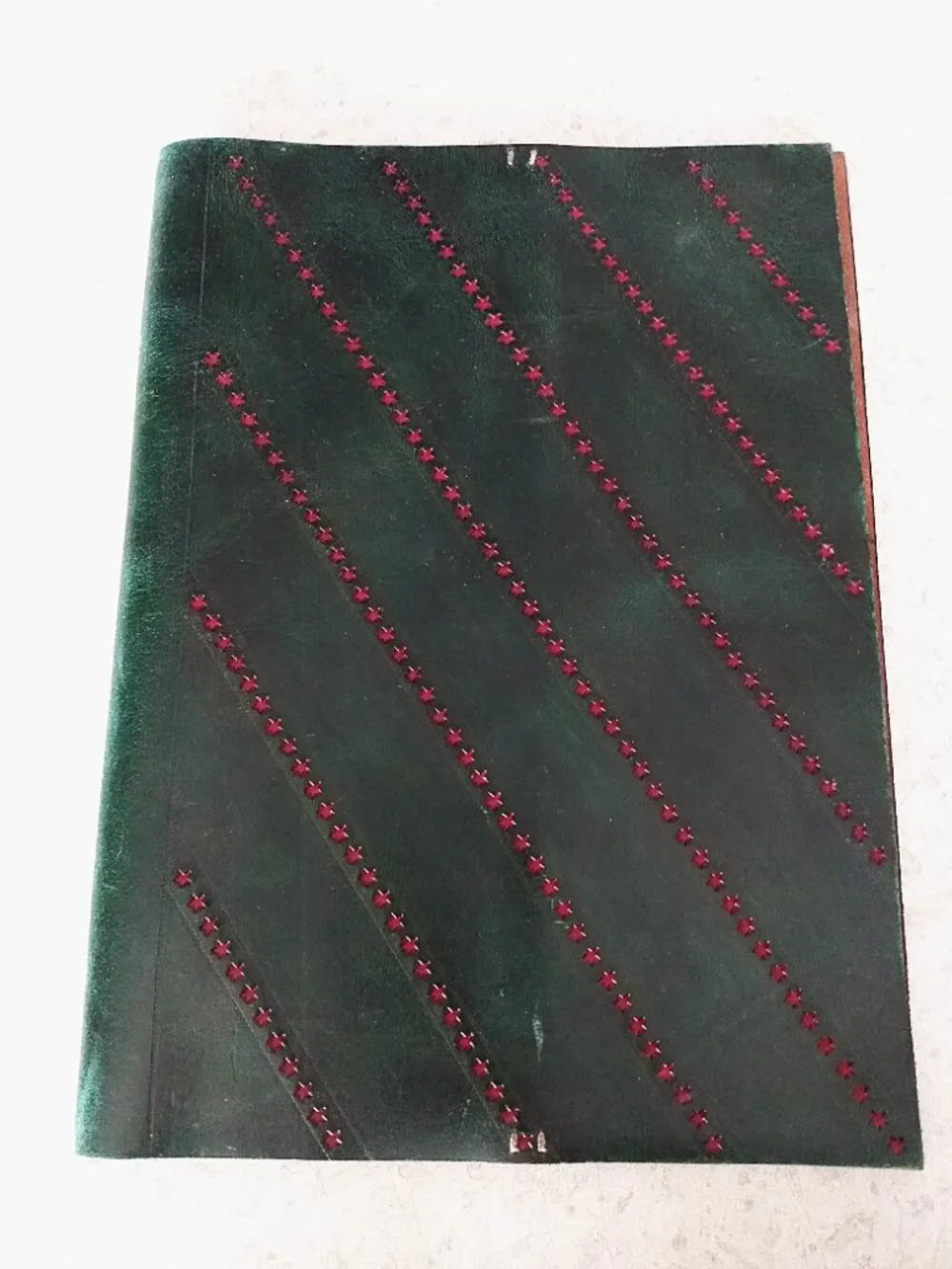 Vintage Leather Book Cover NAGY NORA Green Red Stars Handmade - Picture 2 of 16